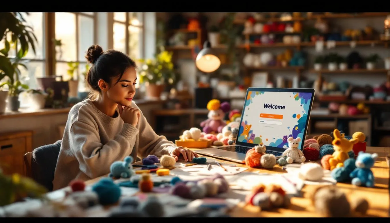 Estudio de manualidades con amigurumis y laptop