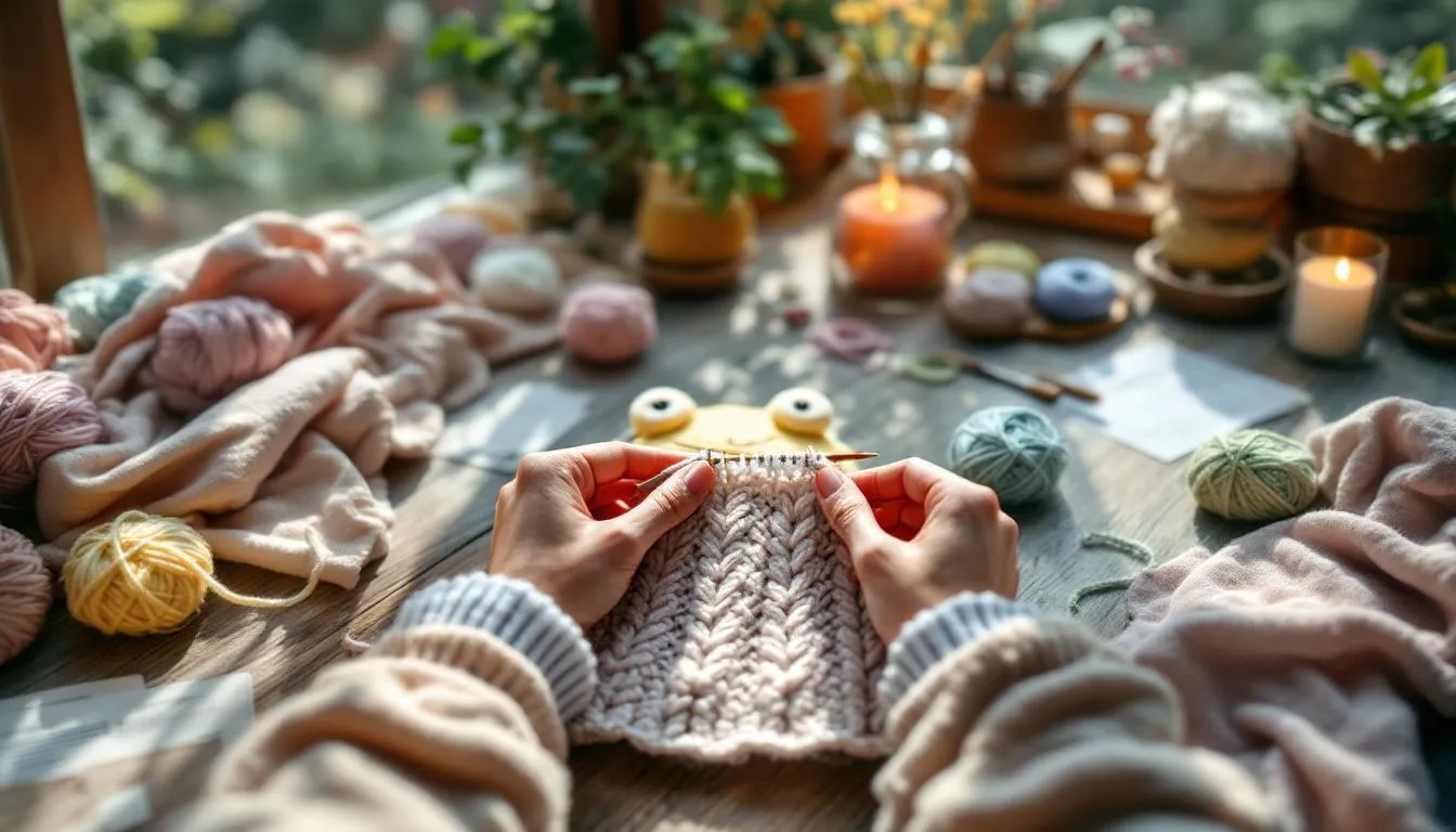 Espacio acogedor de tejido con rana bebé