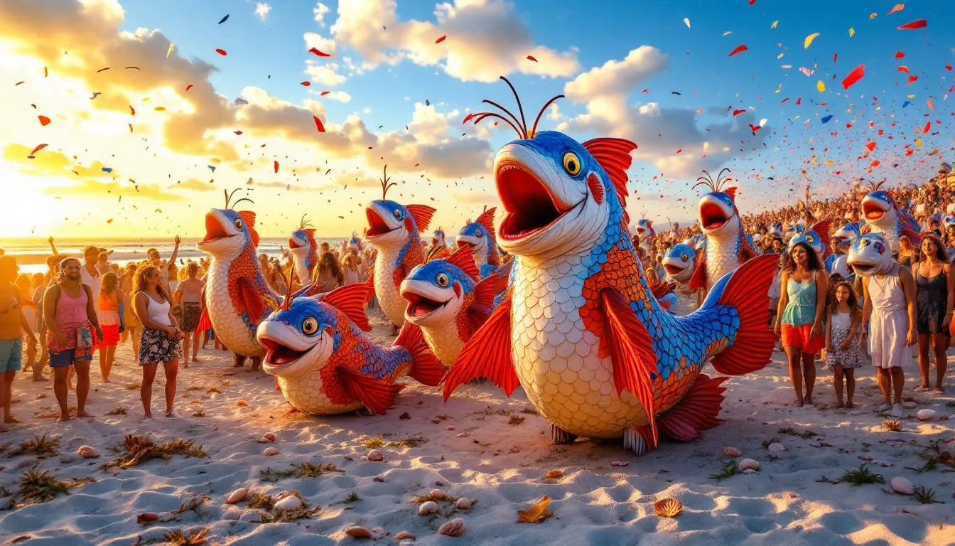 Carnaval colorido junto al mar al atardecer