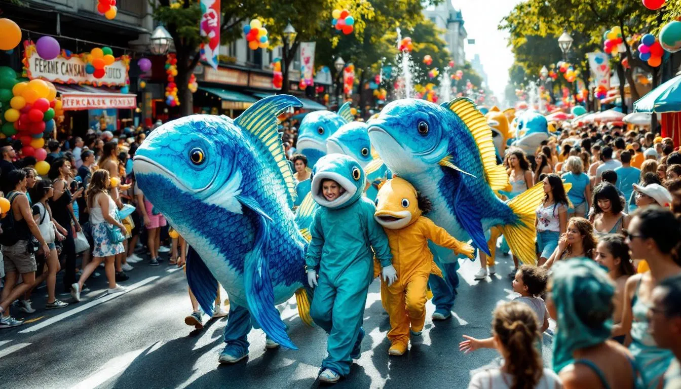 Carnaval colorido con disfraces de peces