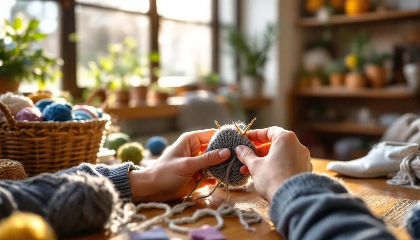 Taller acogedor de calcetines tejidos a mano