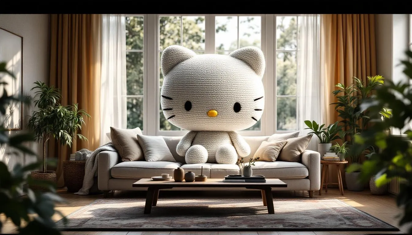 Salón acogedor con gran Hello Kitty peluche