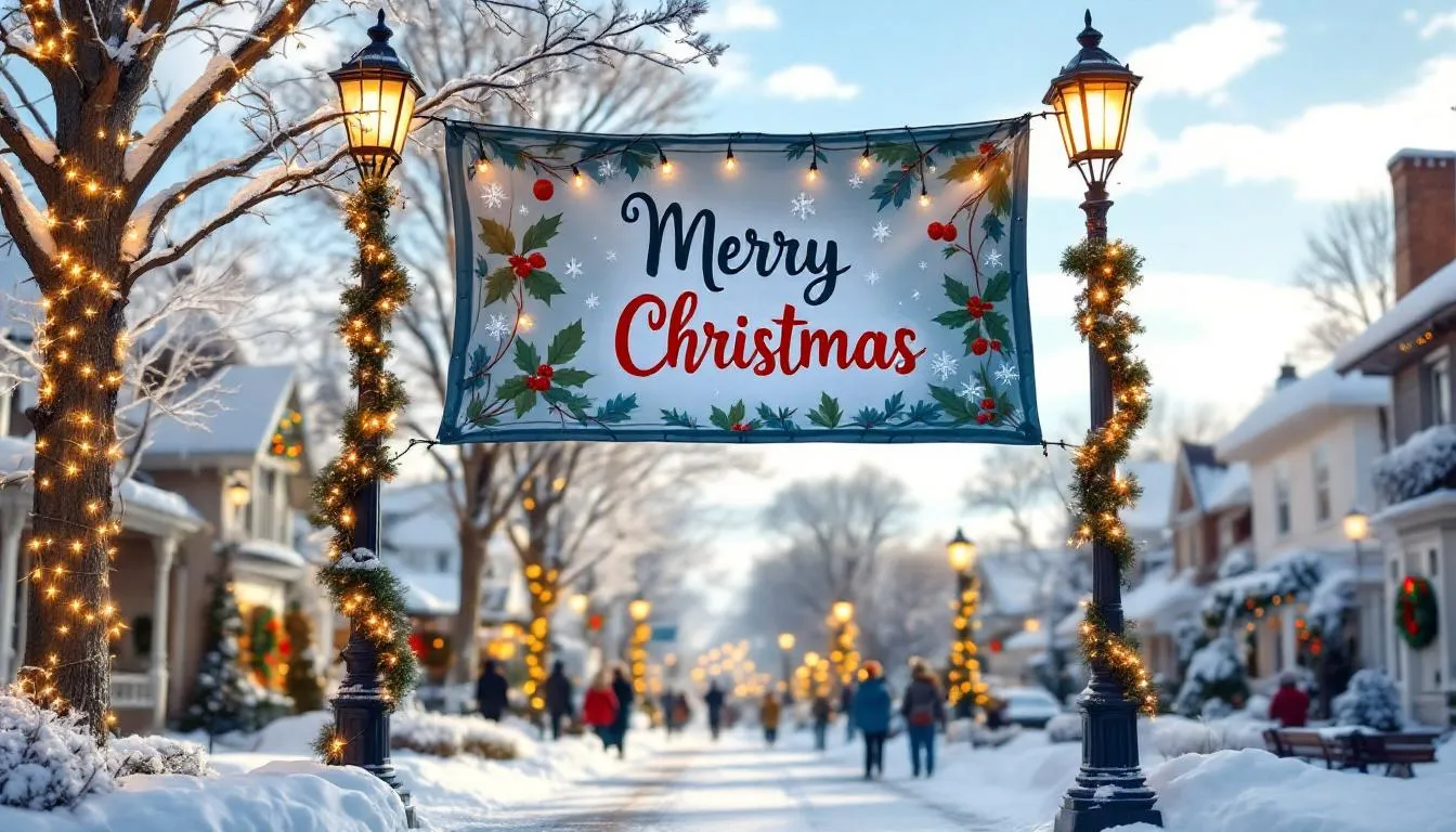 Cartel navideño colorido en calle nevada