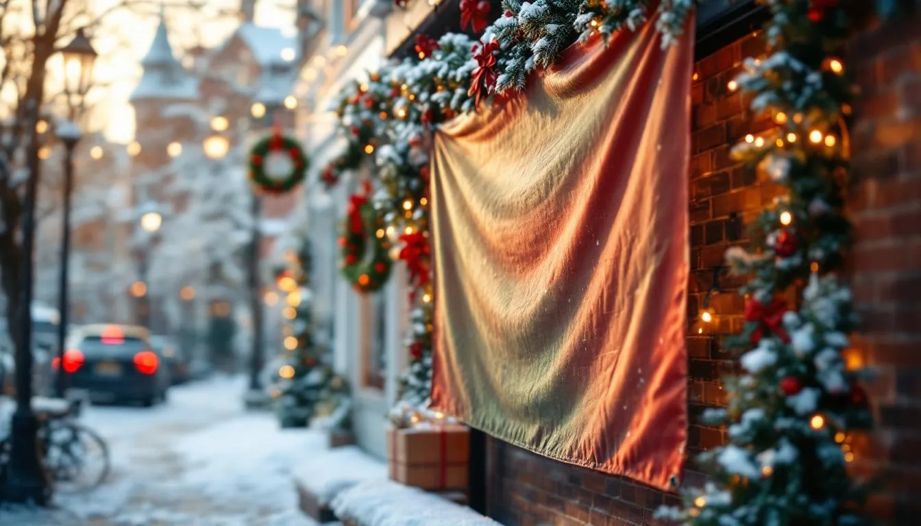 Cartel navideño duradero en tienda decorada