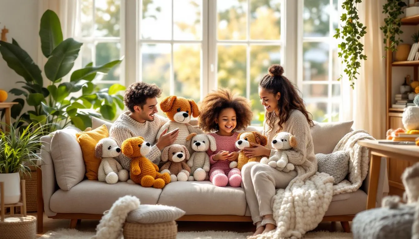 Sala acogedora con amigurumis de perros tejidos