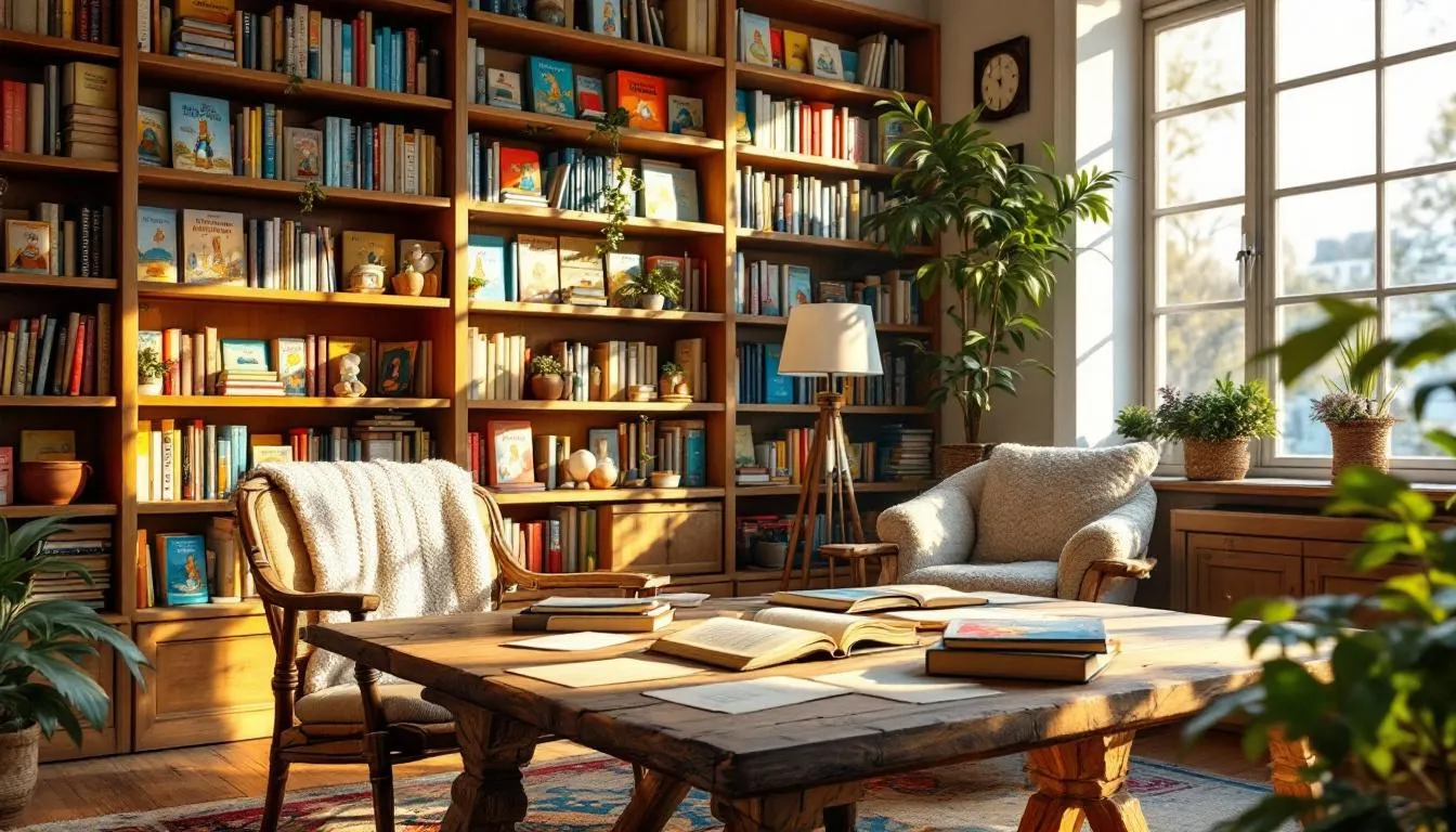 Biblioteca acogedora con libros infantiles y luz