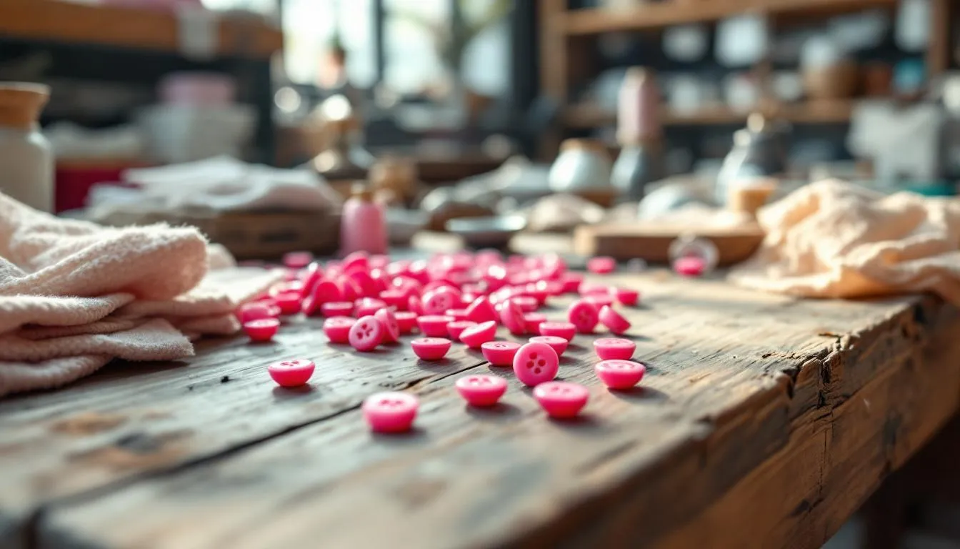 Mesa rústica con botones rosas y materiales