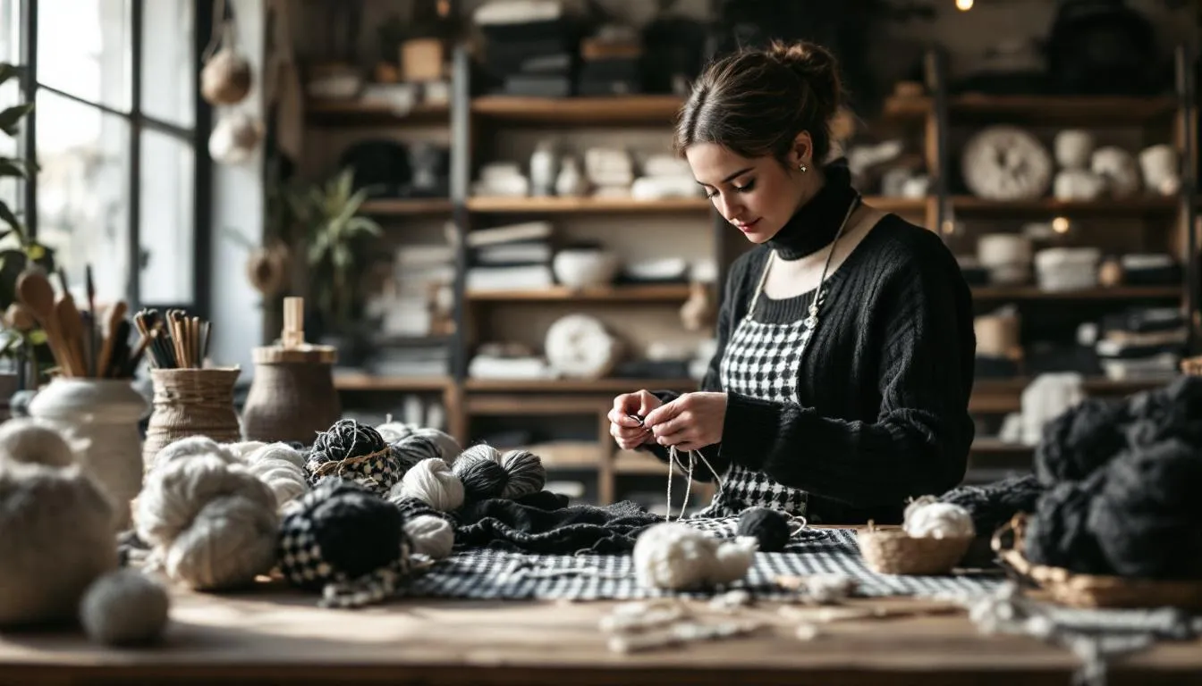 Taller artesano elegante con tejidos en blanco