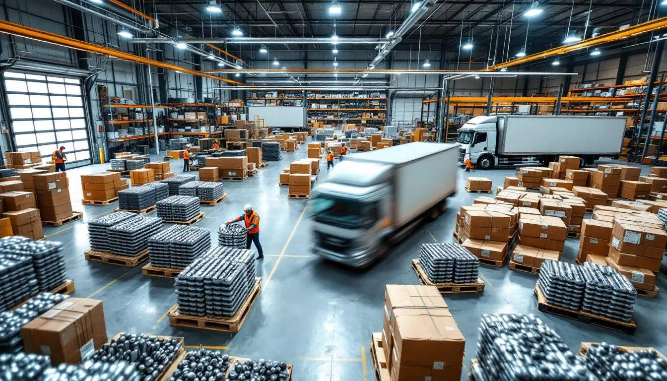 Almacén industrial con pines metálicos organizados