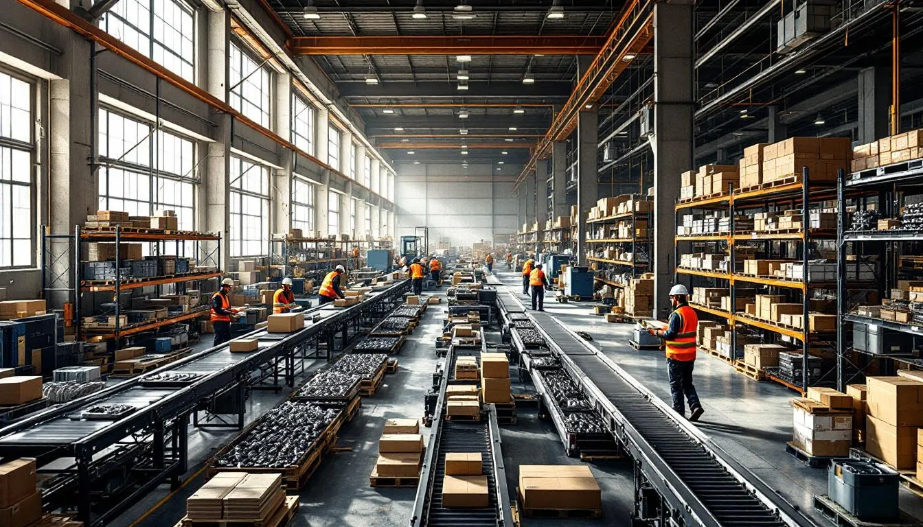 Almacén industrial moderno con piezas metálicas