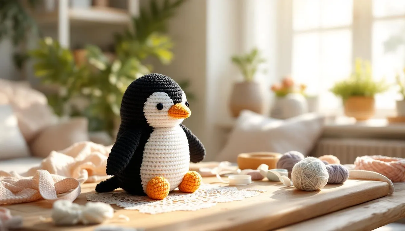 Sala acogedora con amigurumi de pingüino