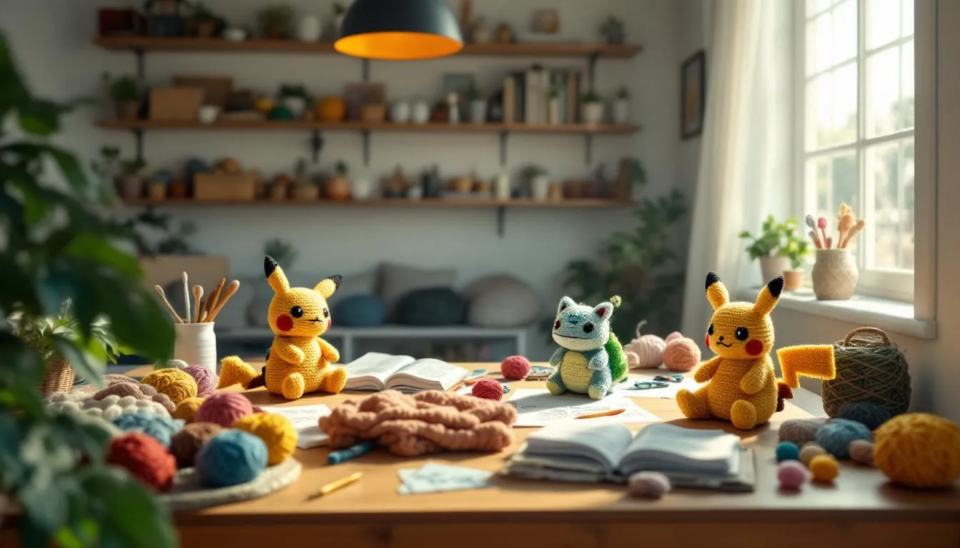 Habitación acogedora con amigurumis Pokémon tejidos