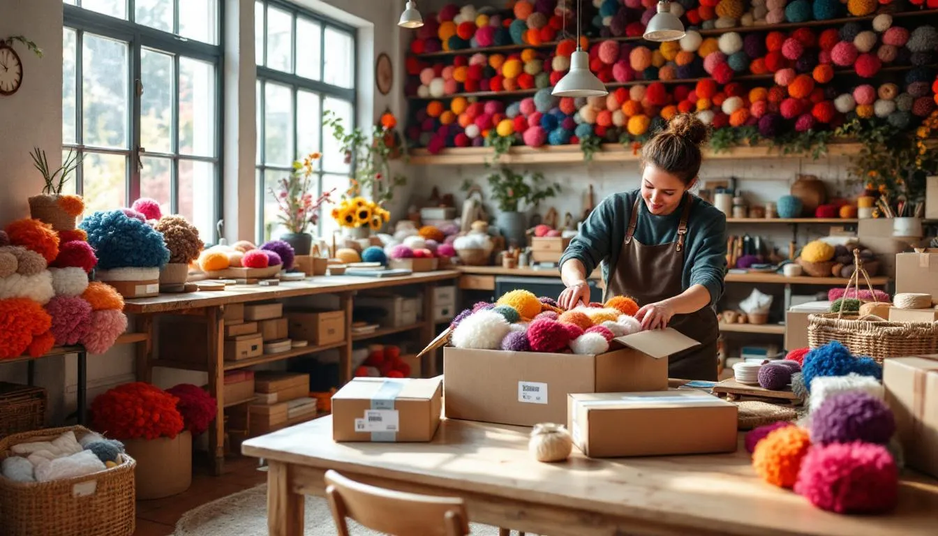 Taller artesanal con pompones y embalaje ecológico