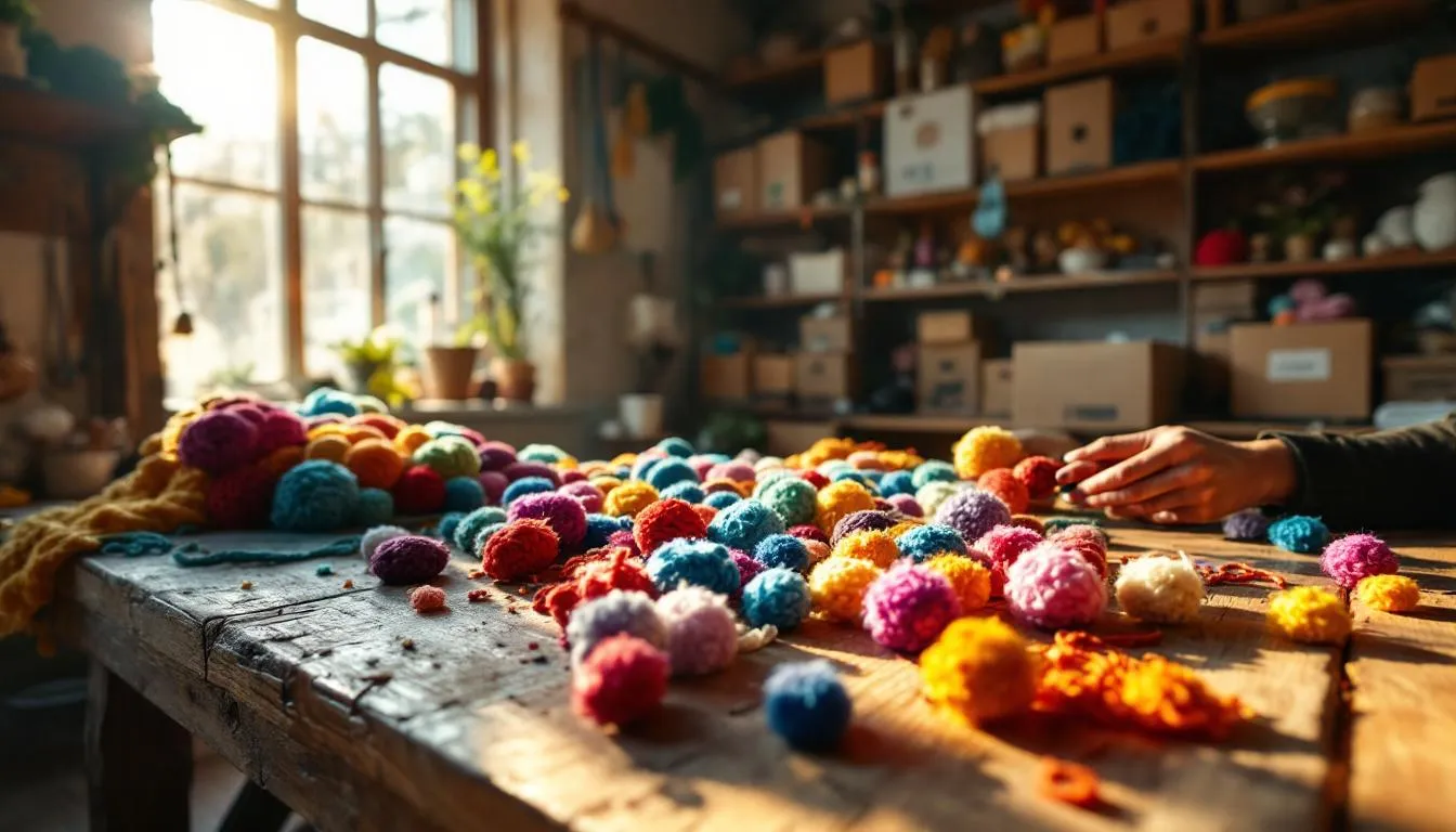 Taller artesanal con pompones de lana coloridos