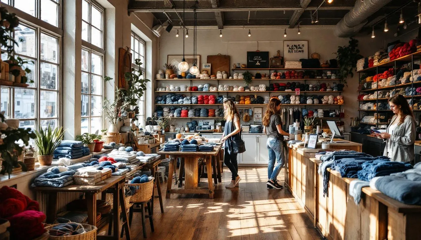 Interior acogedor de tienda artesanal de lanas