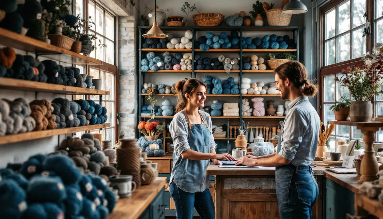 Interior acogedor de tienda artesanal de lanas