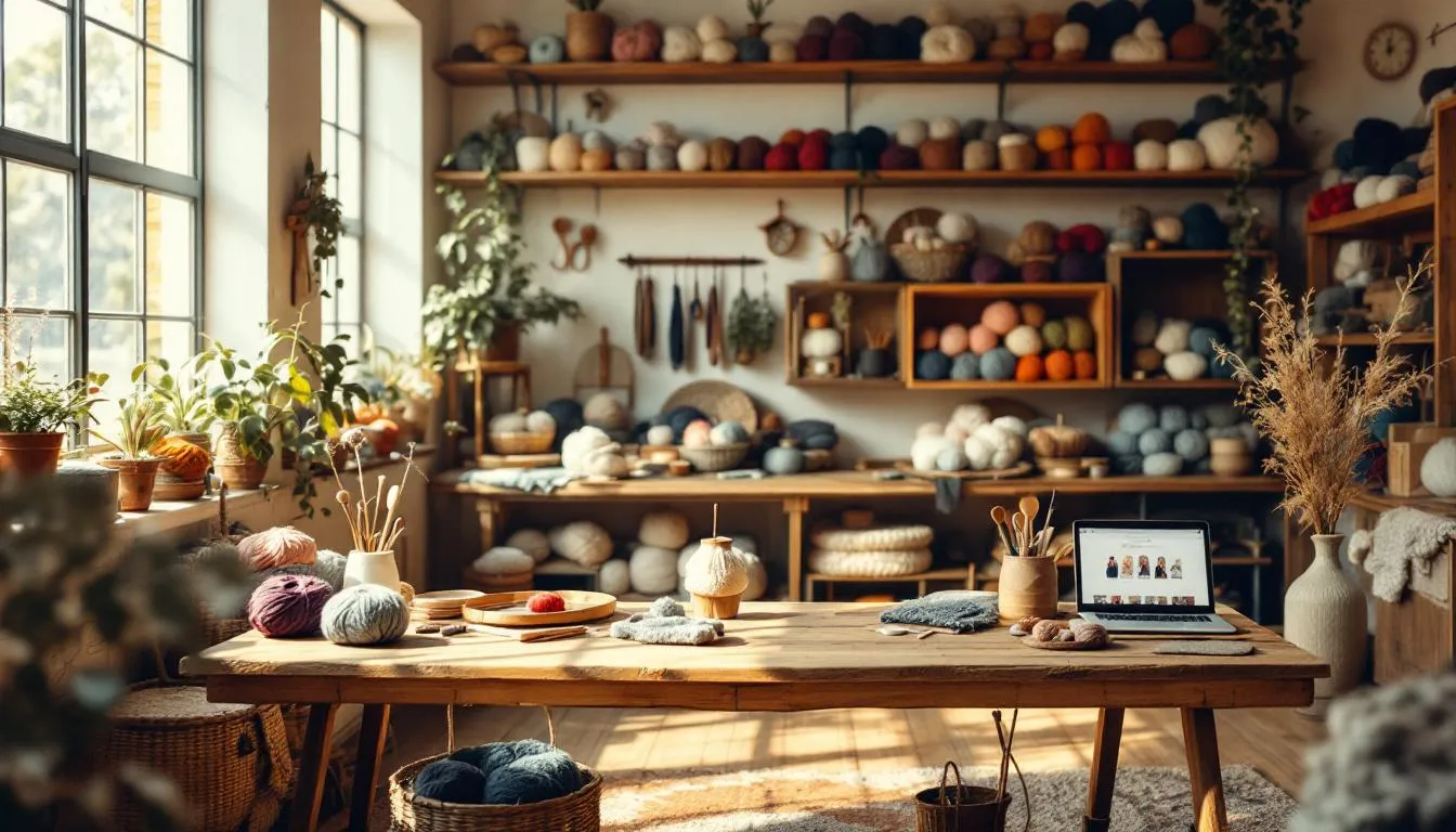 Taller artesanal iluminado con ovillos de lana