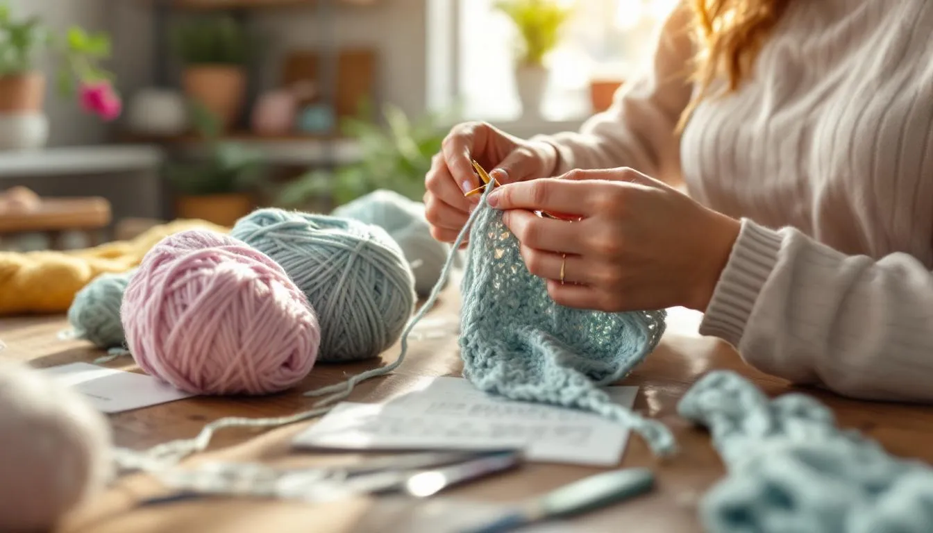 Manos tejiendo encaje Sabina en interior acogedor