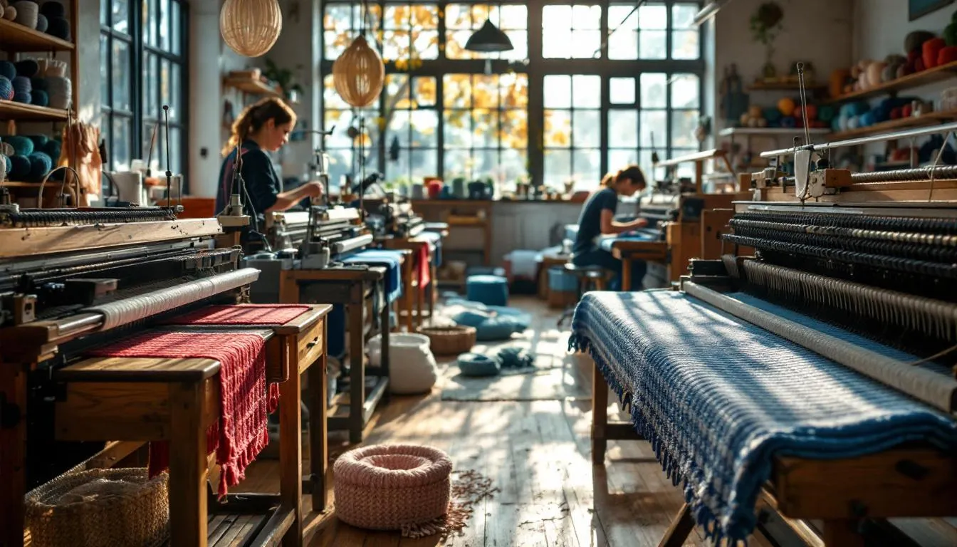 Taller textil con máquinas de tejido madera