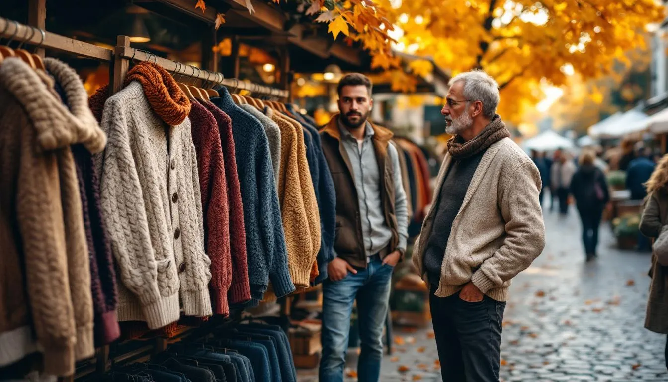 Mercado al aire libre con cardigans artesanales