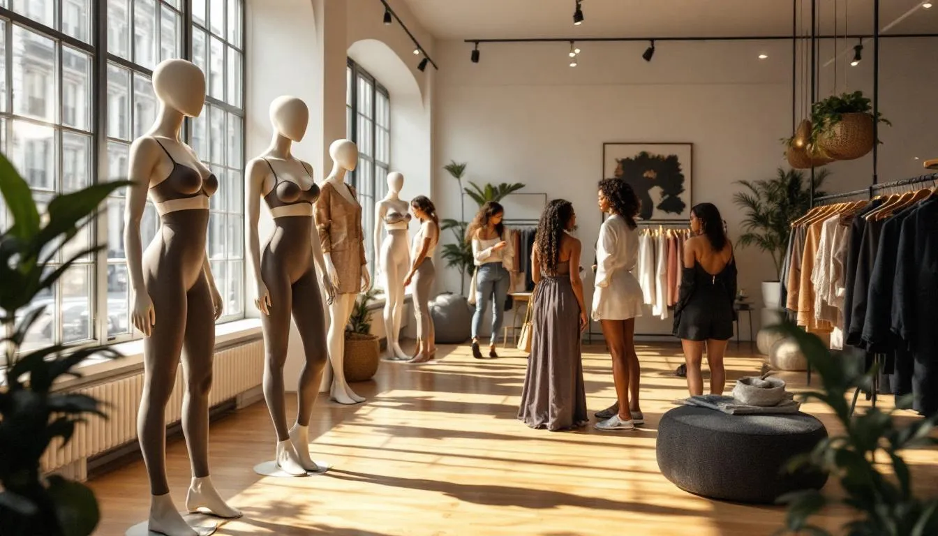 Interior boutique moderno con maniquíes y clientes