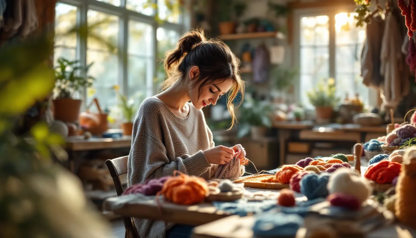 Taller artesanal acogedor con mujer tejiendo