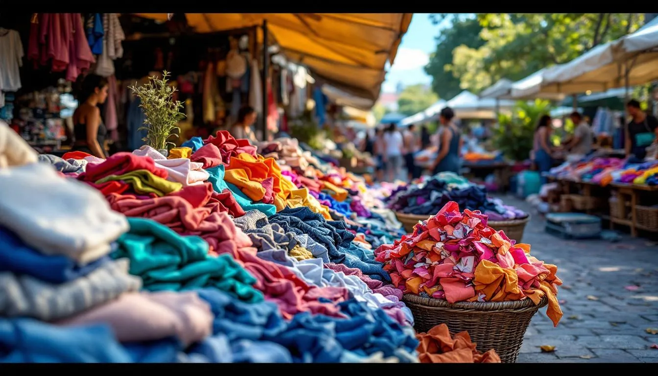 Mercado textil colorido con telas variadas