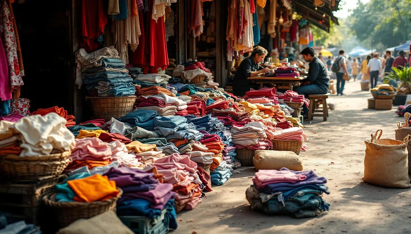 Puesto de telas coloridas en mercado exterior