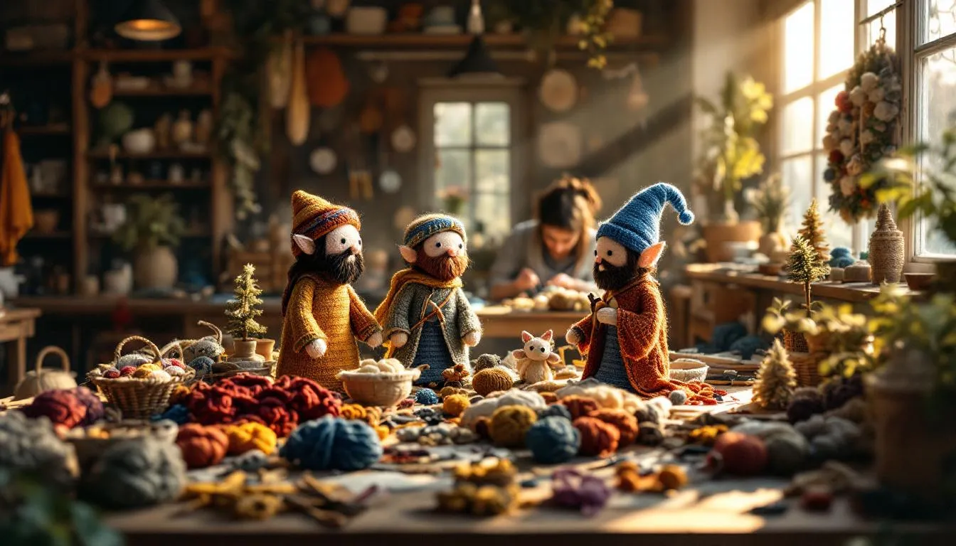 Taller artesanal iluminado con figuras amigurumi