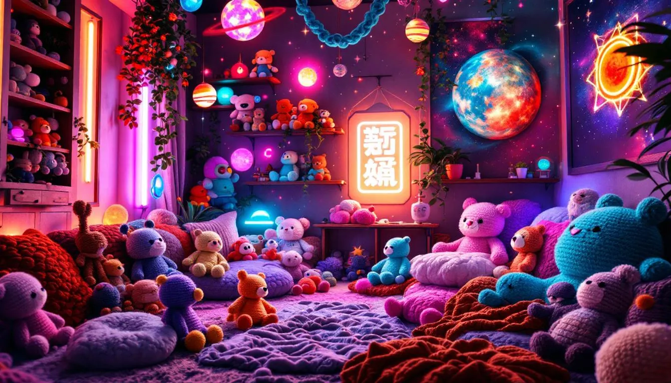 Habitación temática universo con amigurumis y neones