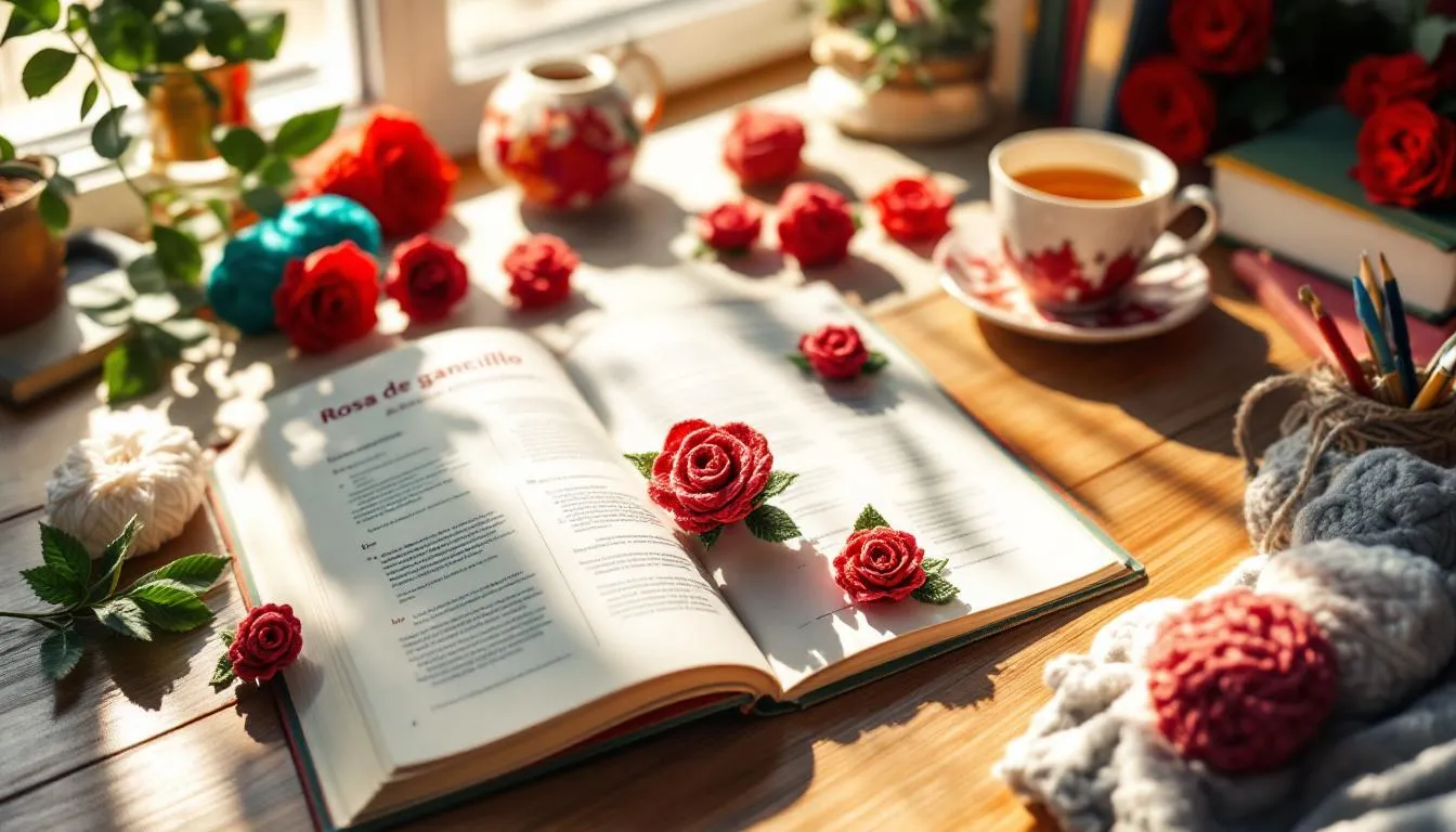 Espacio acogedor de ganchillo con rosas hechas