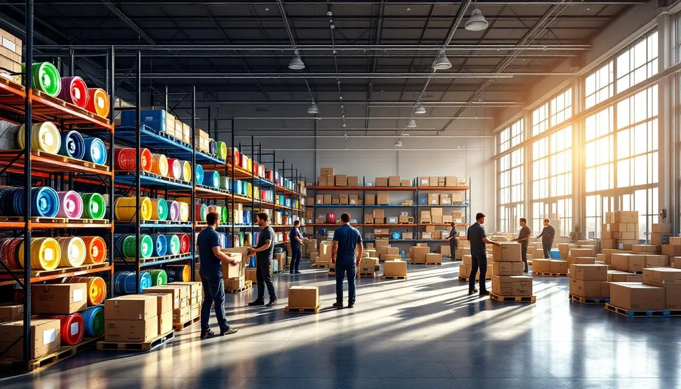 Almacén moderno con ruedas coloridas y trabajadores