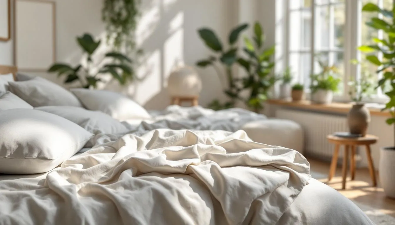 Dormitorio luminoso con sábanas de algodón calidad