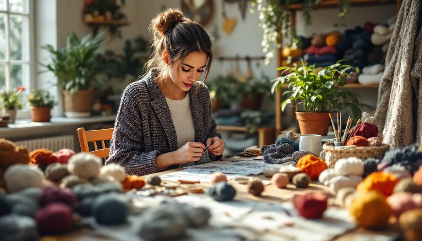 Taller artesanal iluminado con mujer tejiendo ropa