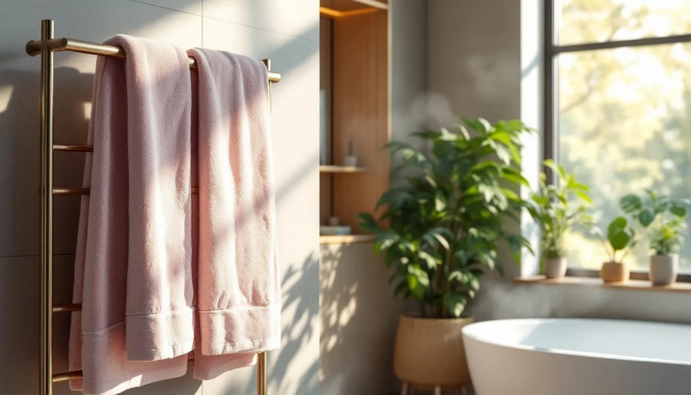Baño moderno con toallas pastel y luz