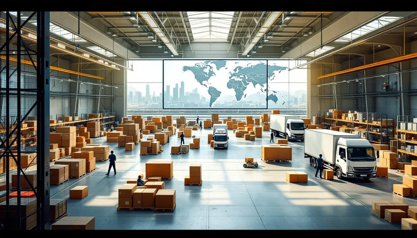 Centro logístico moderno con camiones y almacén