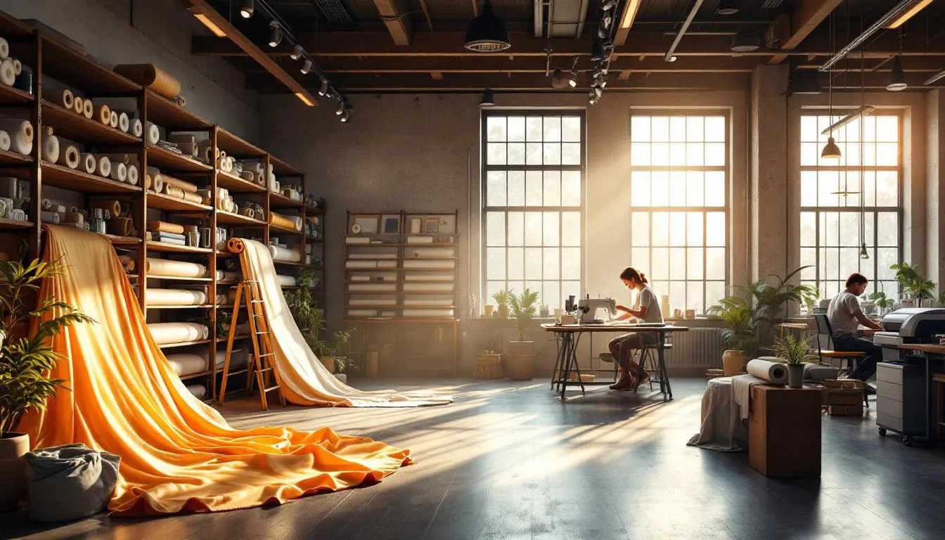 Taller moderno de textiles con telas de