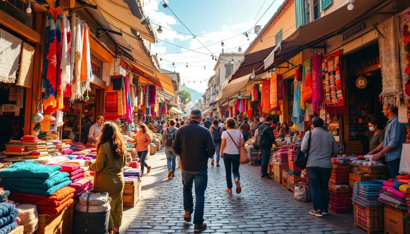 Mercado chileno al aire libre con textiles