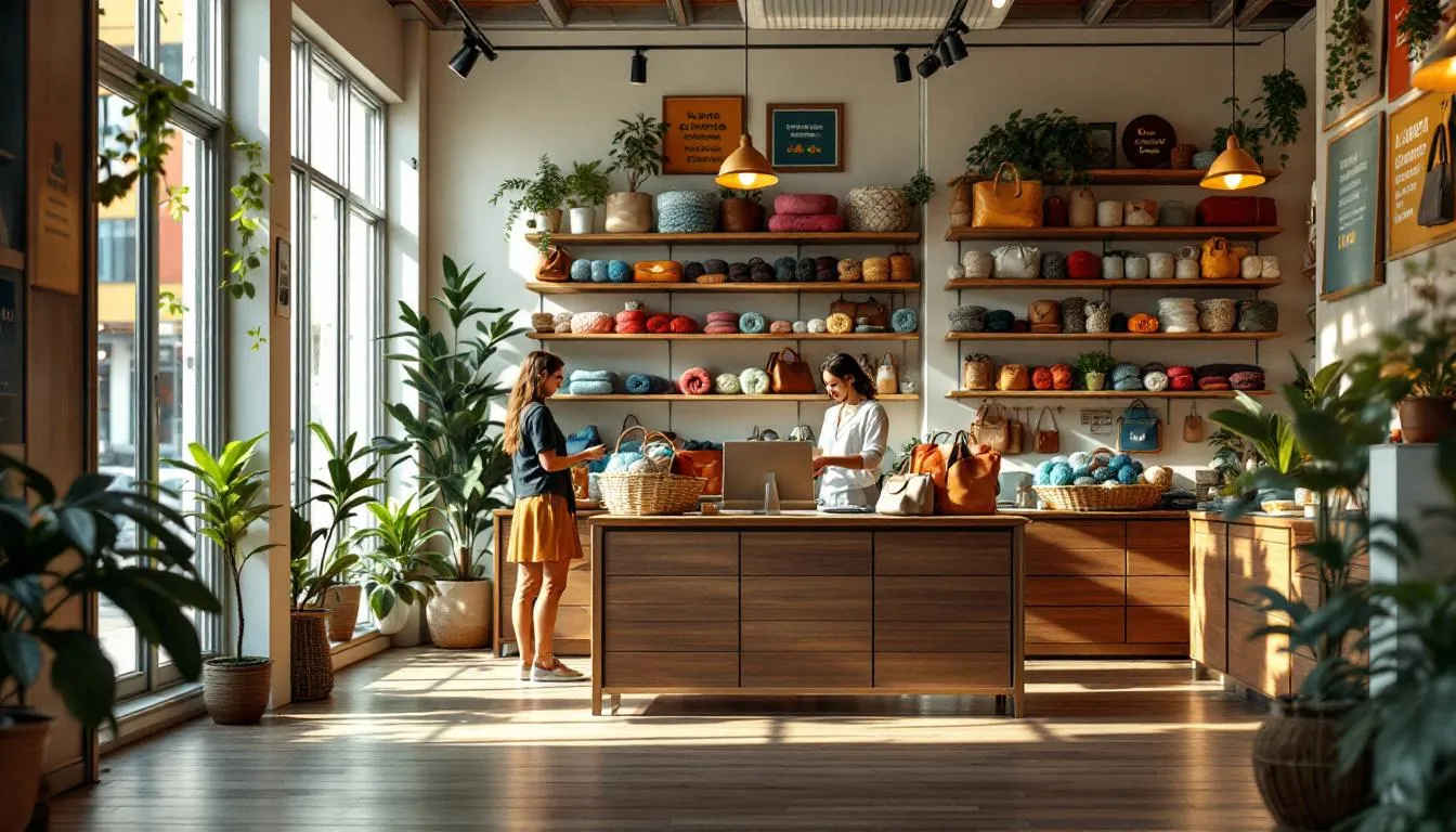 Interior boutique moderna con bolsas artesanales