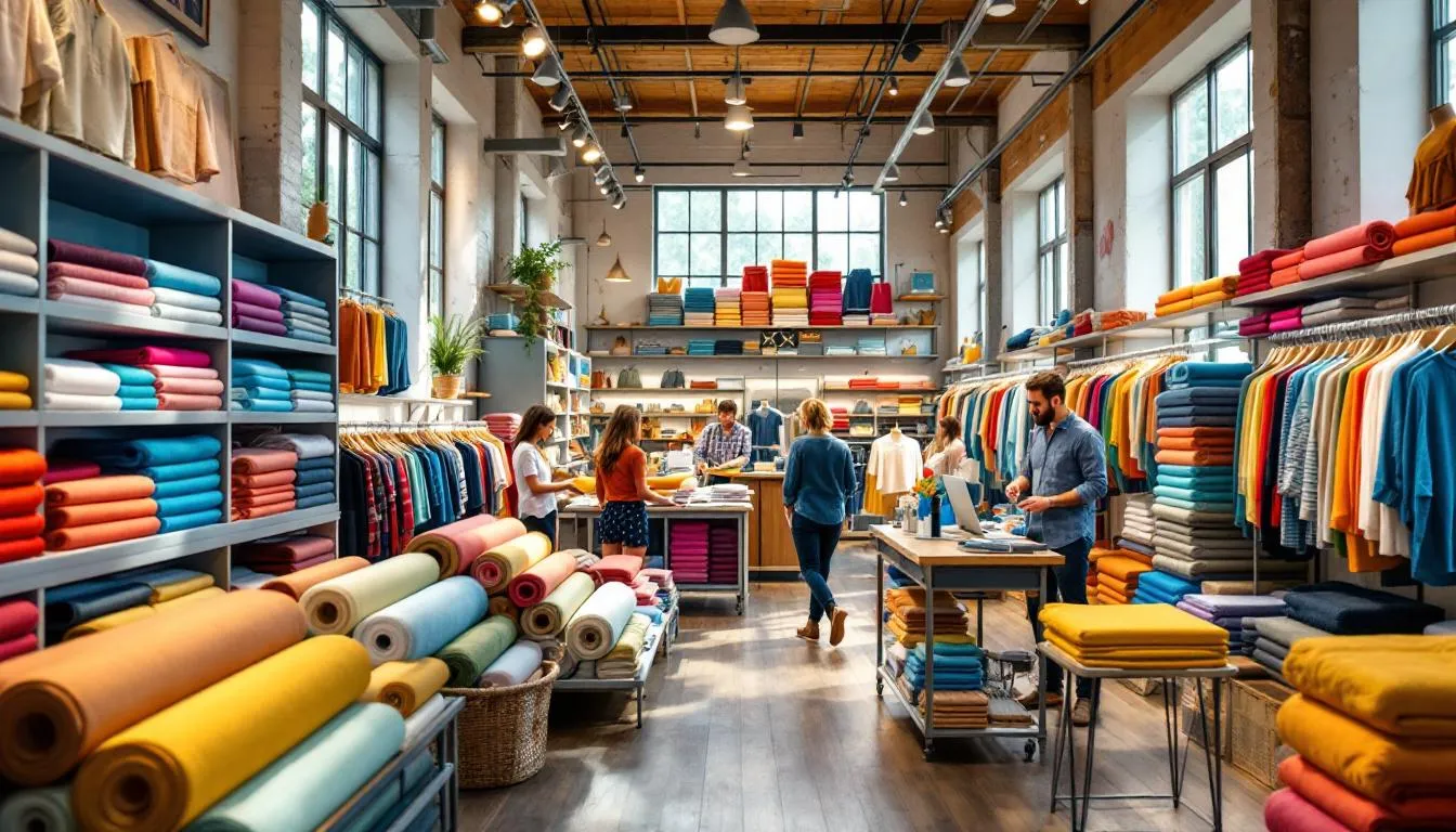 Tienda moderna con telas coloridas y ropa