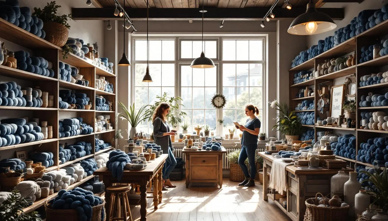 Tienda acogedora de lanas artesanales azul índigo