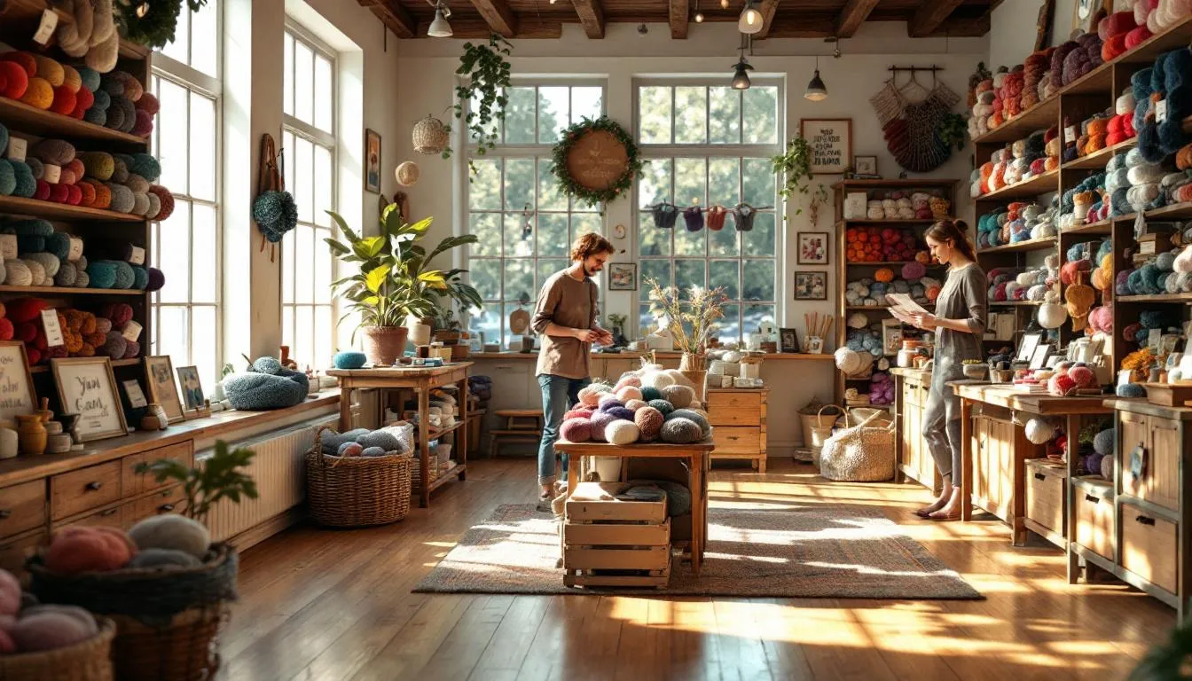 Tienda artesanal de lanas acogedora y luminosa