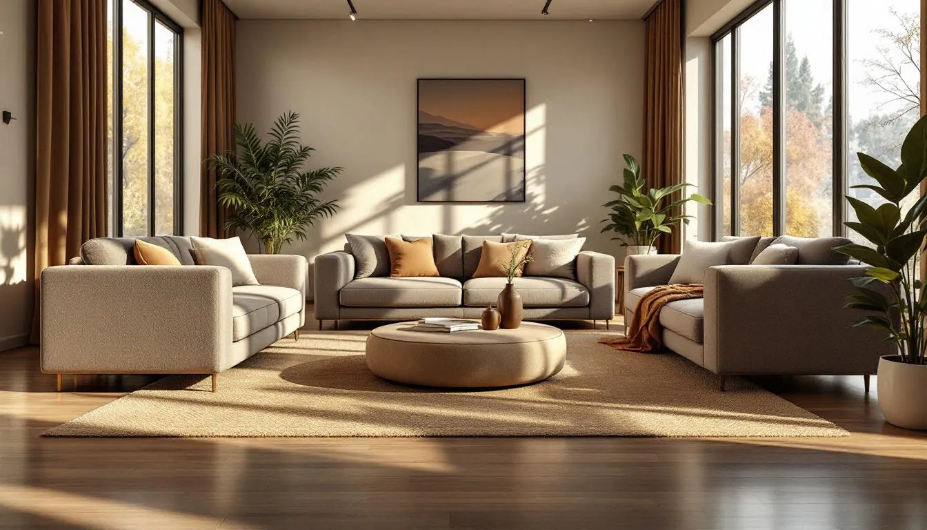 Salón moderno con sofás resistentes y luminosos