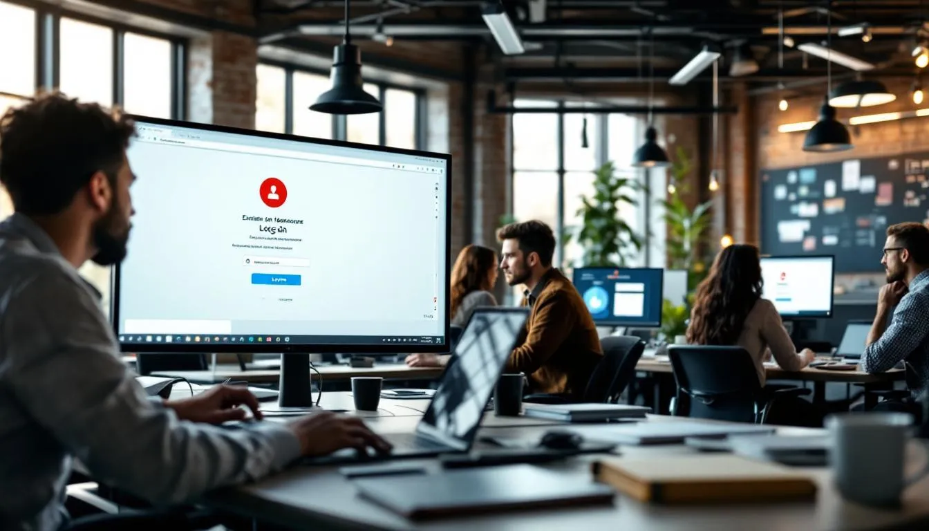 Oficina moderna con equipos y pantallas login