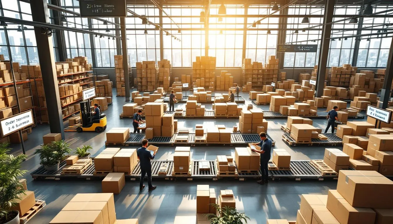 Almacén moderno de envíos con trabajadores