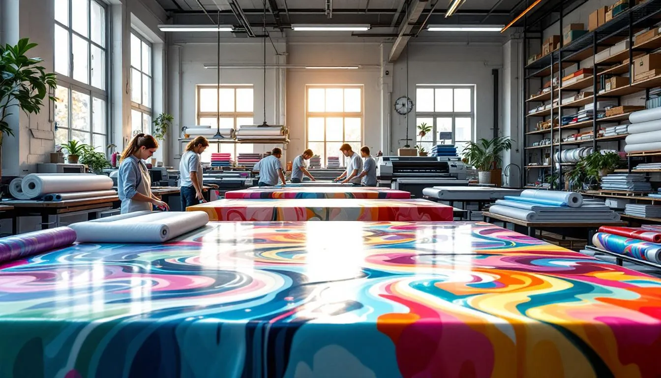 Taller textil moderno con telas sublimadas coloridas