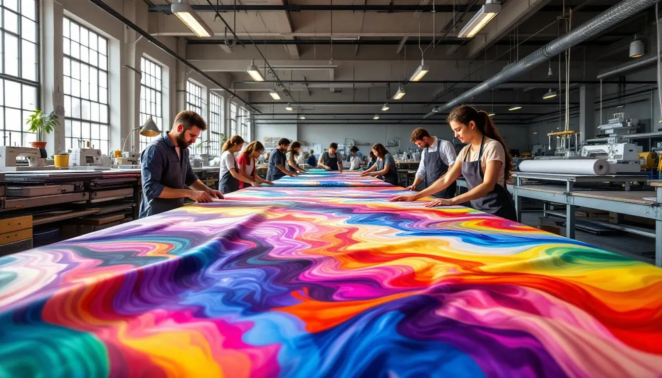 Taller textil moderno con telas sublimadas coloridas