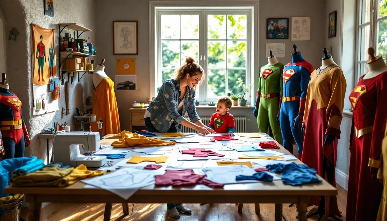 Estudio de costura con disfraces de superhéroes