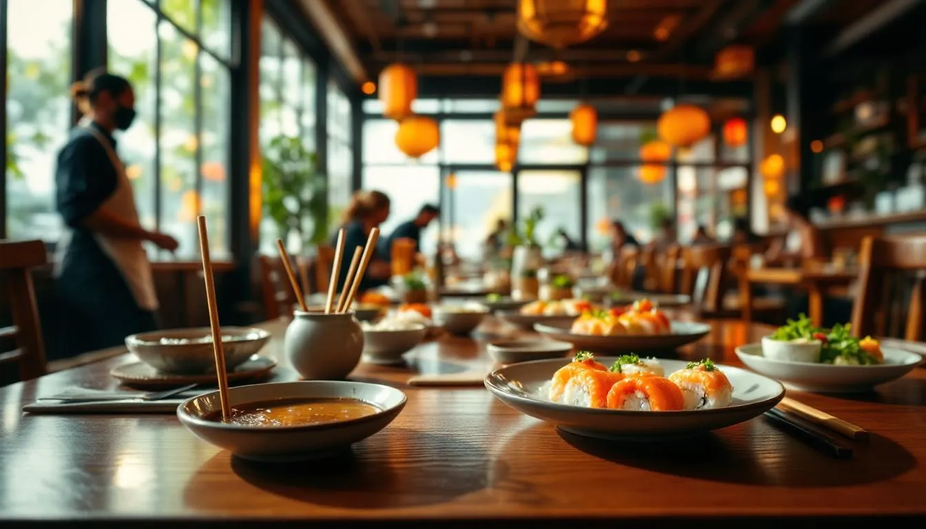 Interior acogedor de restaurante japonés con sushi