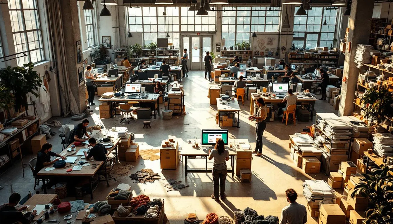 Taller moderno con artesanos y comercio digital
